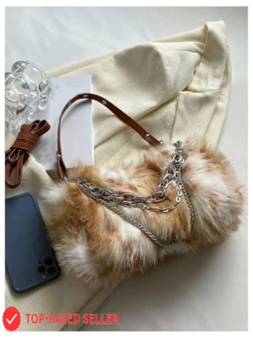 Faux Fur Shoulder Handbag Fuzzy Plush Top Handle Square Bag